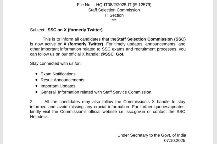 Staff Selection Commission (SSC) Announces Official Presence on X (formerly Twitter)